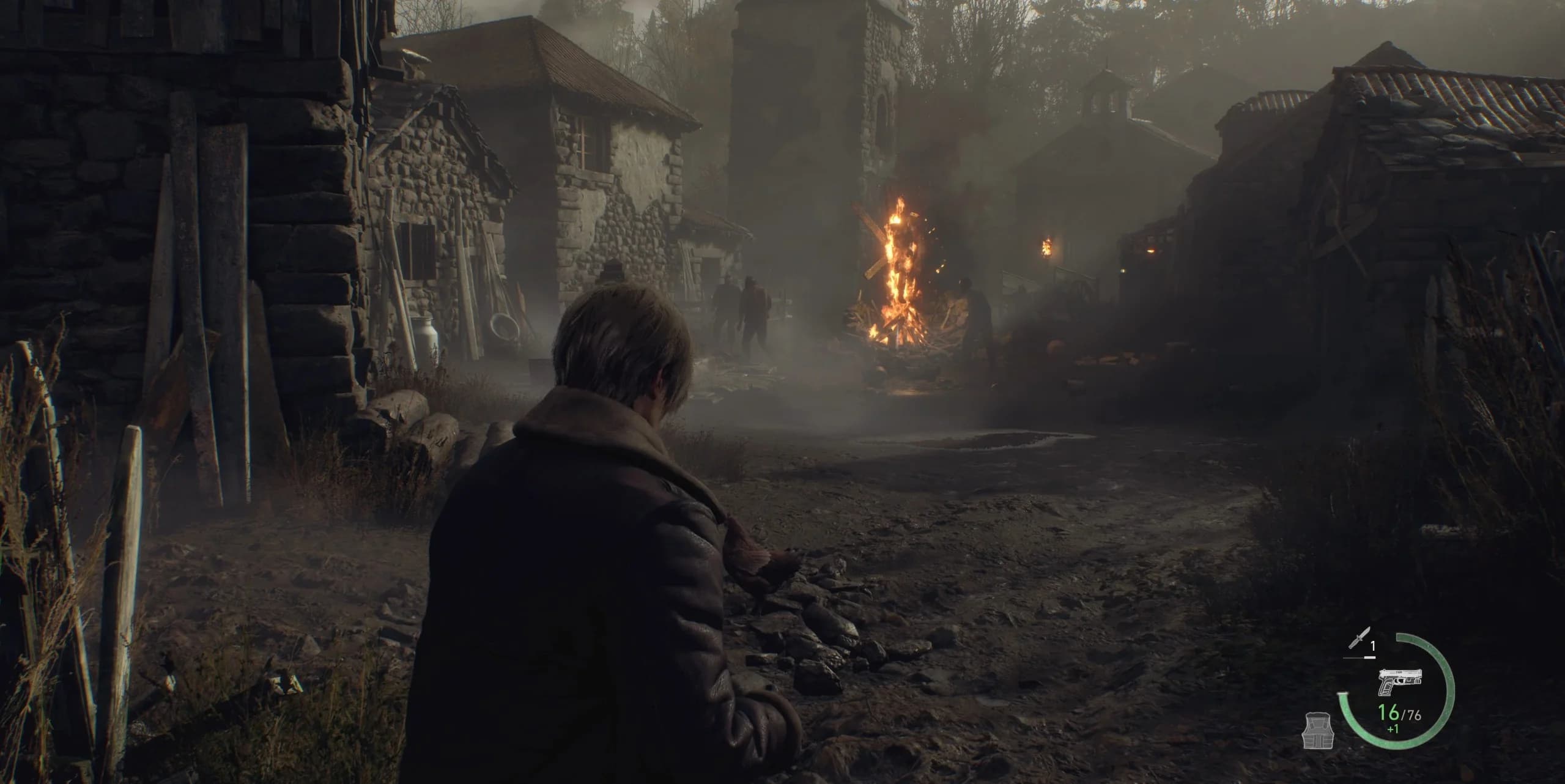 Leon in a wide village or environment view, establishing the location.