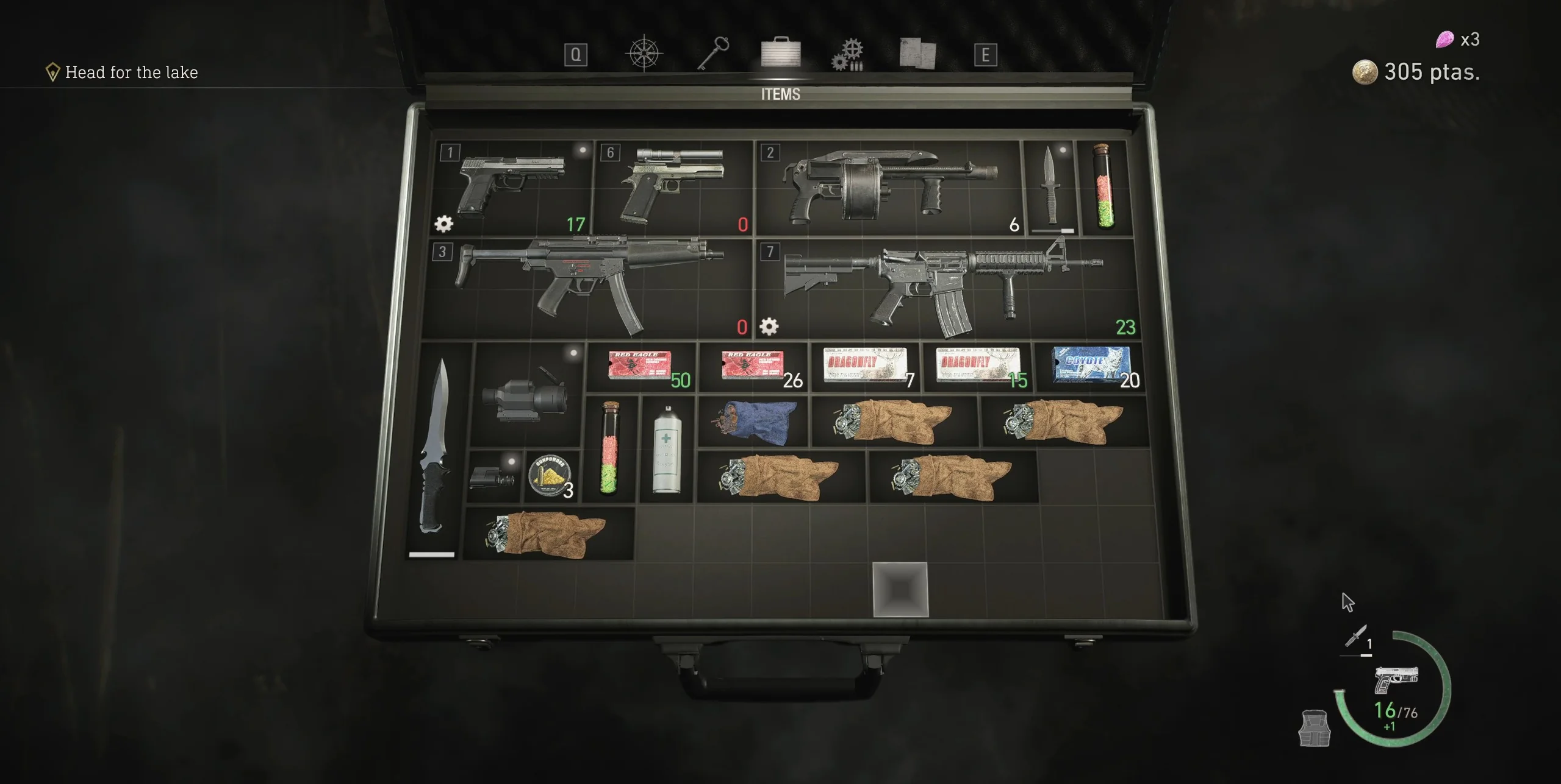 An open attaché case with weapons, ammunition and crafting materials arranged in its grid.