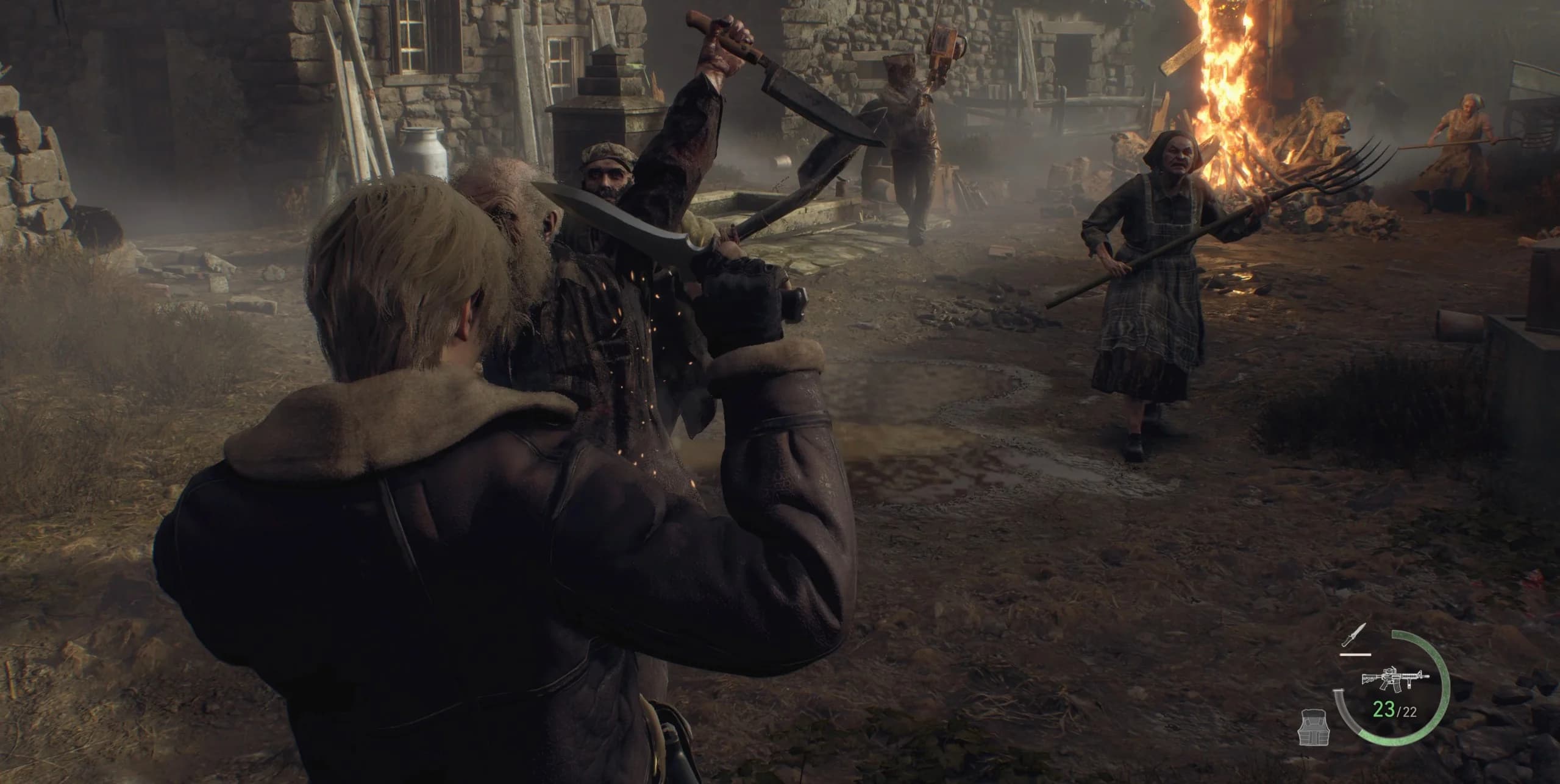 Leon parrying a weapon attack with his knife at the moment of contact.