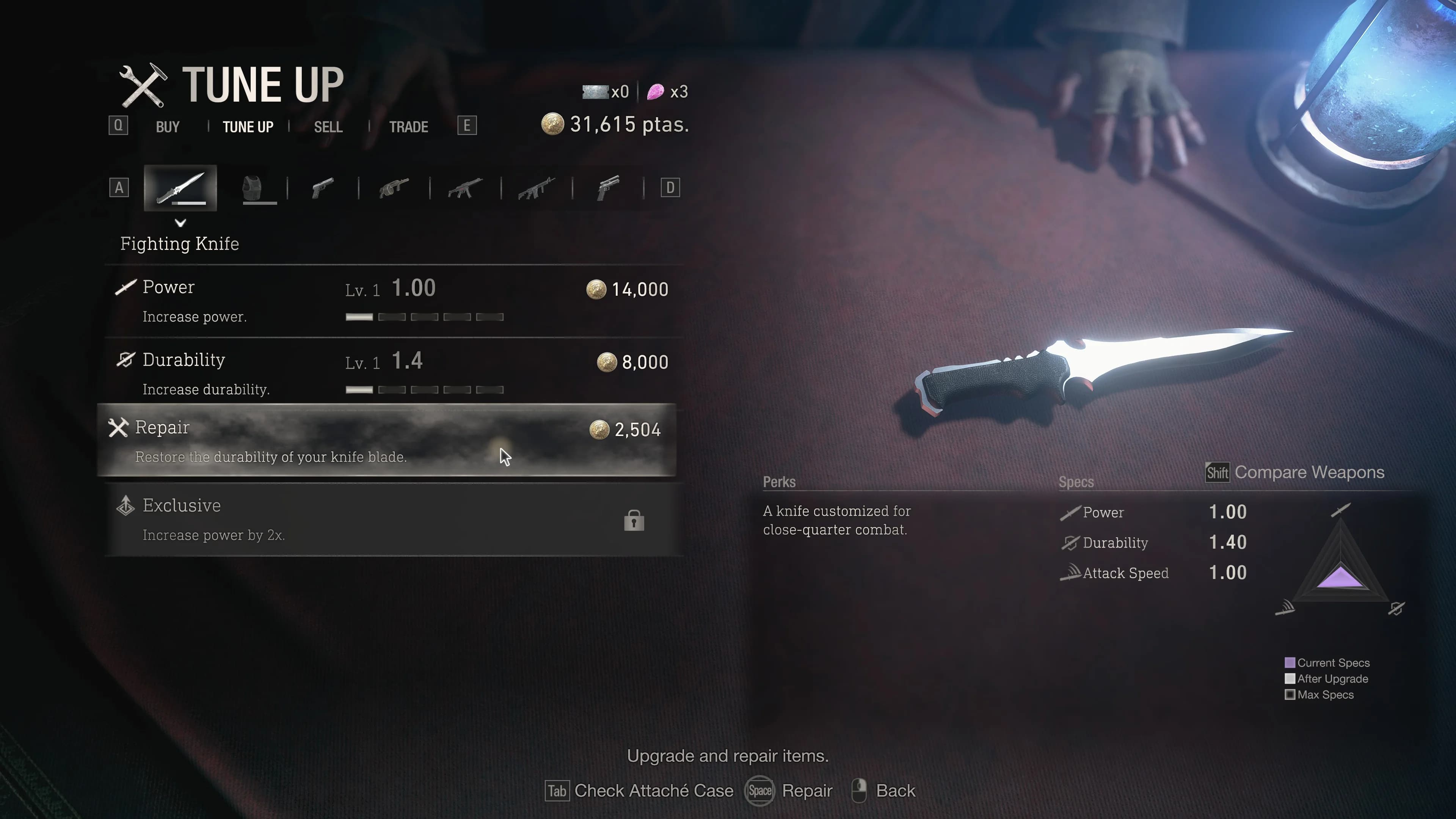 The Merchant repair menu showing Combat Knife durability and its peseta repair cost.